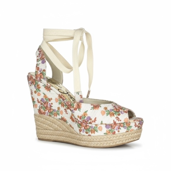 new Sergio Zelcer ❀ Platform Ankle Wrap Floral Print Sandal Espadrilles ❀ Cream - Picture 15 of 16